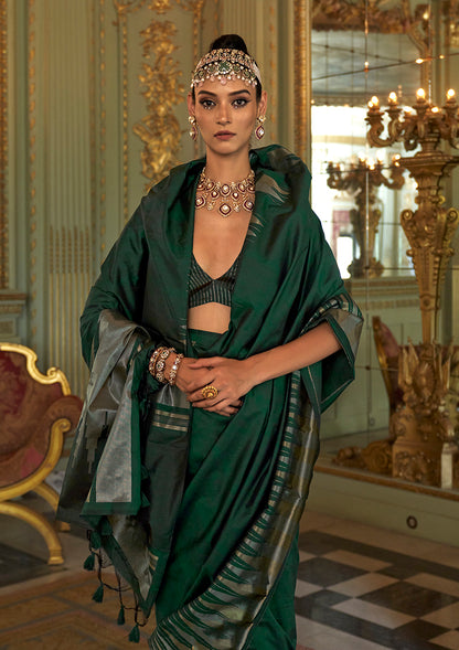 Monjolika Fashion Bottle Green Weaving Work Silk Blend Classic Saree - Distacart