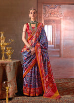 Thumbnail for Monjolika Fashion Navy Blue Silk Blend Patola Print Saree with Red Blouse - Distacart