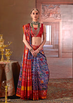 Thumbnail for Monjolika Fashion Navy Blue Silk Blend Patola Print Saree with Red Blouse - Distacart