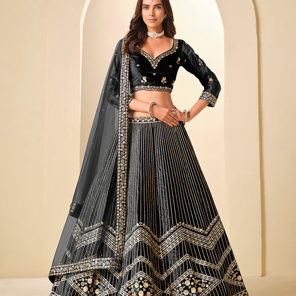 Monjolika Fashion Black Velvet Embroidered Sequins Work A Line Lehenga Choli - Distacart