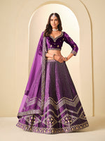 Thumbnail for Monjolika Fashion Purple Velvet Embroidered Sequins Work A Line Lehenga Choli - Distacart