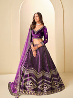 Thumbnail for Monjolika Fashion Purple Velvet Embroidered Sequins Work A Line Lehenga Choli - Distacart