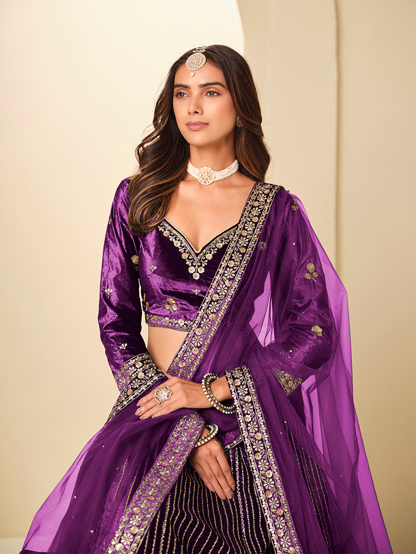 Monjolika Fashion Purple Velvet Embroidered Sequins Work A Line Lehenga Choli - Distacart