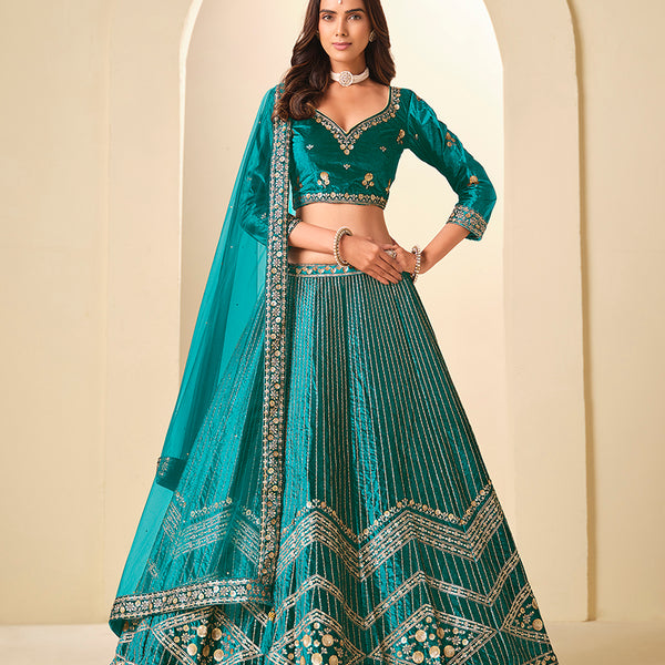 Monjolika Fashion Teal Velvet Embroidered Sequins Work A Line Lehenga Choli - Distacart