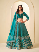 Thumbnail for Monjolika Fashion Teal Velvet Embroidered Sequins Work A Line Lehenga Choli - Distacart