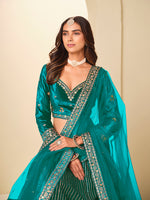 Thumbnail for Monjolika Fashion Teal Velvet Embroidered Sequins Work A Line Lehenga Choli - Distacart