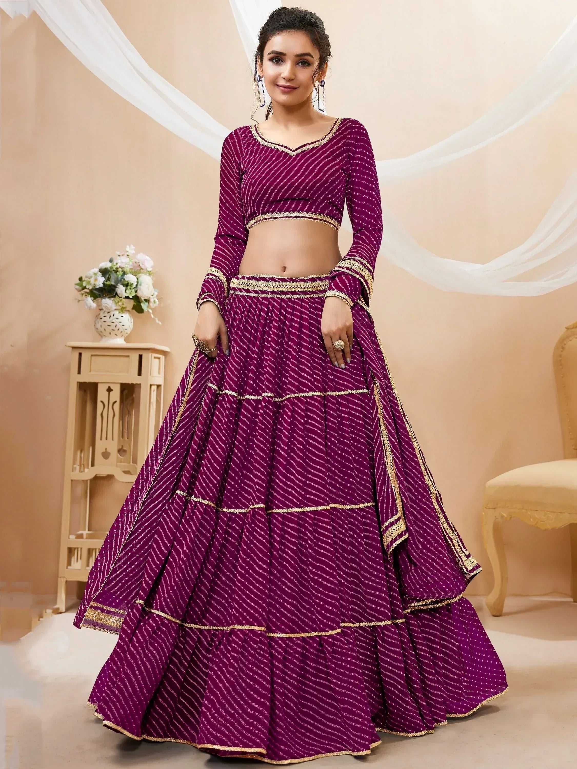 Tulsi Art Gorgeous Purple Leheriya Printed Georgette Festival Wear Lehenga Choli - Dista