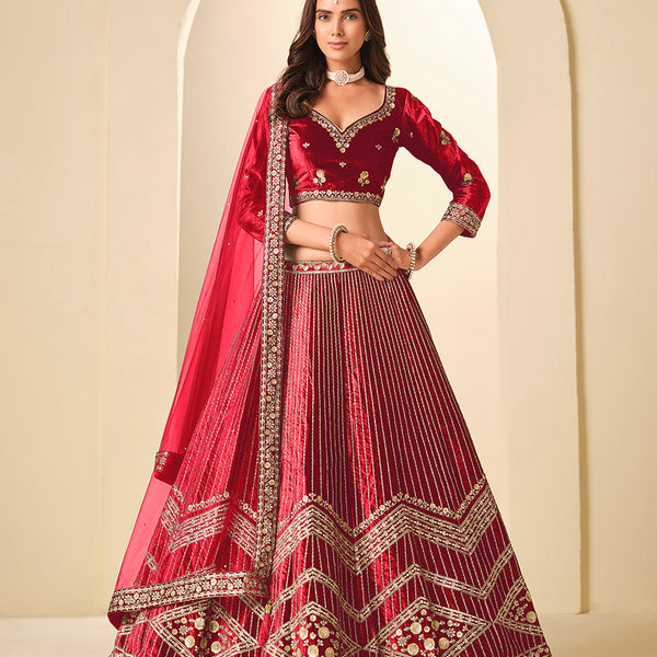 Monjolika Fashion Maroon Velvet Embroidered Sequins Work A Line Lehenga Choli - Distacart