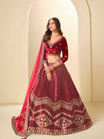 Thumbnail for Monjolika Fashion Maroon Velvet Embroidered Sequins Work A Line Lehenga Choli - Distacart