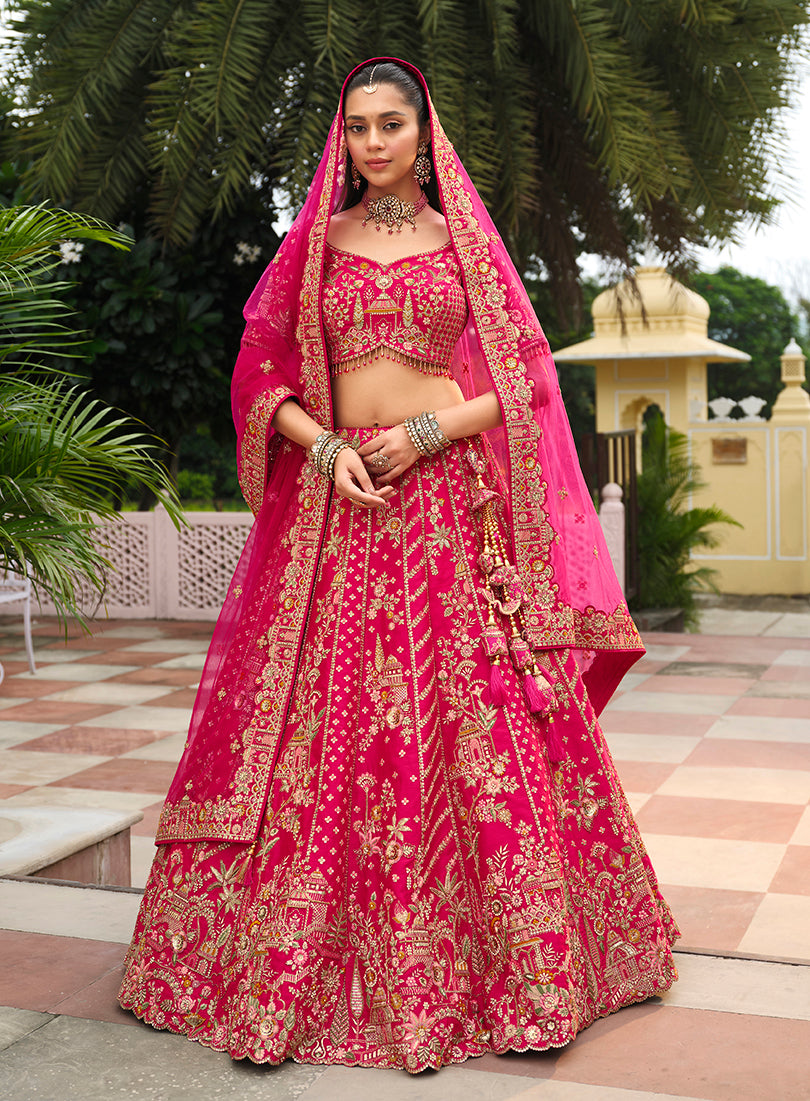 Monjolika Fashion Rani Pink Khatli Embroidered Silk Blend Bridal Lehenga Choli - Distacart