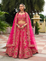 Thumbnail for Monjolika Fashion Rani Pink Khatli Embroidered Silk Blend Bridal Lehenga Choli - Distacart
