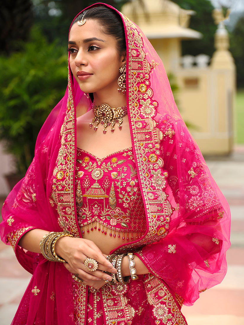 Monjolika Fashion Rani Pink Khatli Embroidered Silk Blend Bridal Lehenga Choli - Distacart