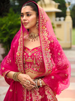 Thumbnail for Monjolika Fashion Rani Pink Khatli Embroidered Silk Blend Bridal Lehenga Choli - Distacart