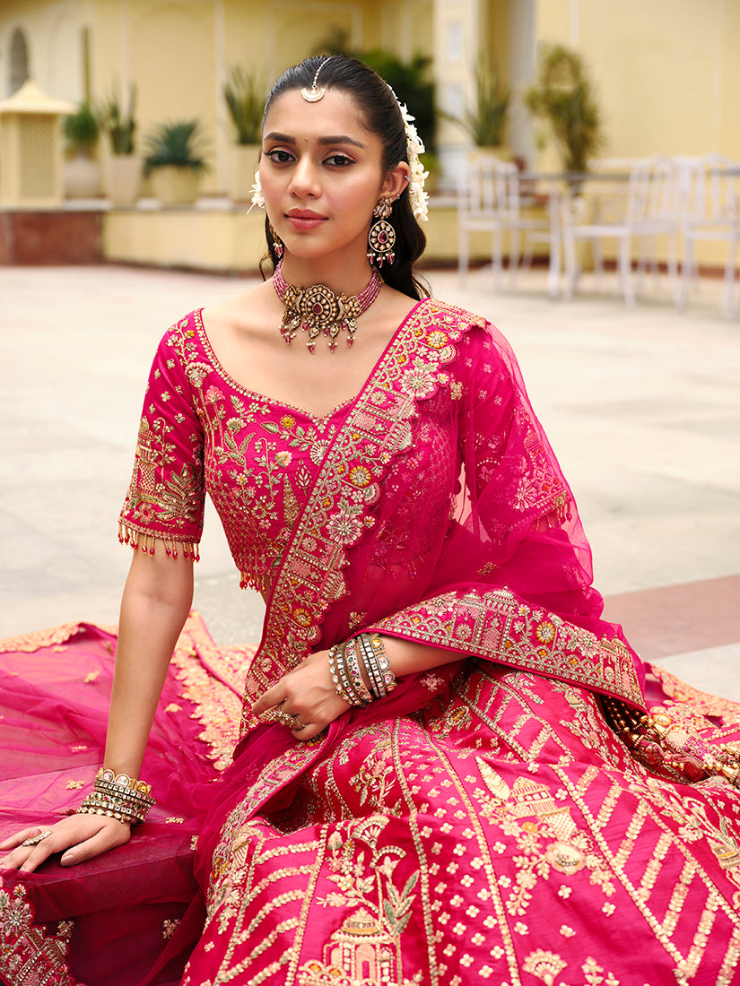 Monjolika Fashion Rani Pink Khatli Embroidered Silk Blend Bridal Lehenga Choli - Distacart