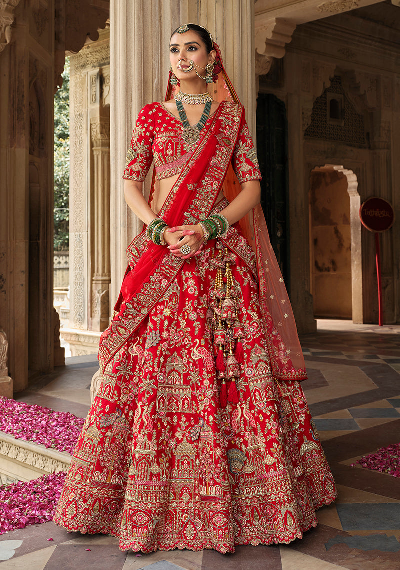 Monjolika Fashion Red Khatli Embroidered Silk Blend Bridal Lehenga Choli - Distacart