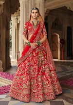 Thumbnail for Monjolika Fashion Red Khatli Embroidered Silk Blend Bridal Lehenga Choli - Distacart