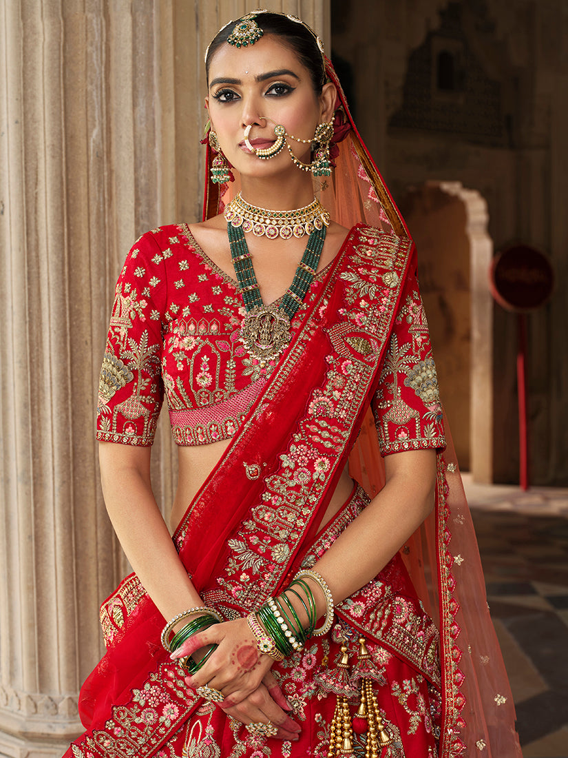 Monjolika Fashion Red Khatli Embroidered Silk Blend Bridal Lehenga Choli - Distacart