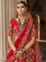 Thumbnail for Monjolika Fashion Red Khatli Embroidered Silk Blend Bridal Lehenga Choli - Distacart