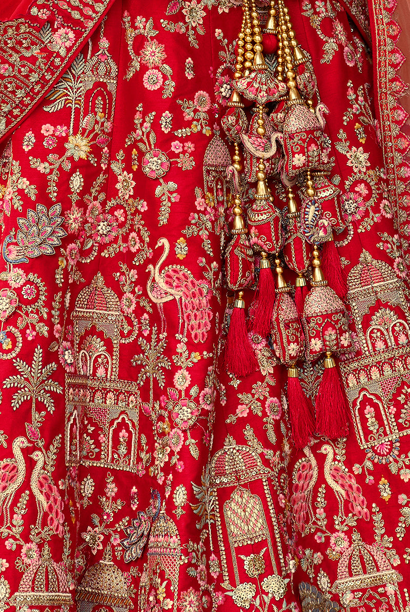 Monjolika Fashion Red Khatli Embroidered Silk Blend Bridal Lehenga Choli - Distacart