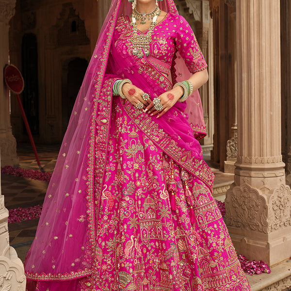 Monjolika Fashion Magenta Pink Khatli Embroidered Silk Blend Bridal Lehenga Choli - Distacart