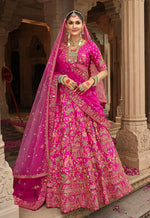 Thumbnail for Monjolika Fashion Magenta Pink Khatli Embroidered Silk Blend Bridal Lehenga Choli - Distacart