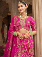 Thumbnail for Monjolika Fashion Magenta Pink Khatli Embroidered Silk Blend Bridal Lehenga Choli - Distacart