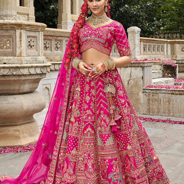 Monjolika Fashion Rani Pink Khatli Embroidered Silk Blend Bridal Lehenga Choli - Distacart