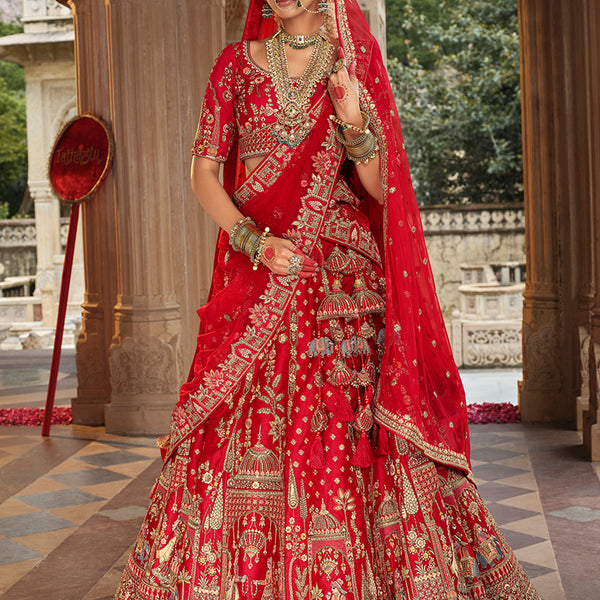 Monjolika Fashion Red Khatli Embroidered Silk Blend Bridal Lehenga Choli - Distacart