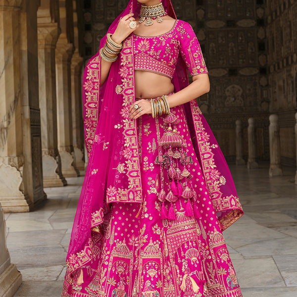 Monjolika Fashion Magenta Pink Khatli Embroidered Silk Blend Bridal Lehenga Choli - Distacart