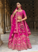 Thumbnail for Monjolika Fashion Magenta Pink Khatli Embroidered Silk Blend Bridal Lehenga Choli - Distacart