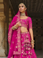 Thumbnail for Monjolika Fashion Magenta Pink Khatli Embroidered Silk Blend Bridal Lehenga Choli - Distacart