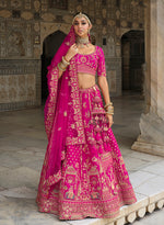 Thumbnail for Monjolika Fashion Magenta Pink Khatli Embroidered Silk Blend Bridal Lehenga Choli - Distacart