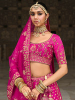 Thumbnail for Monjolika Fashion Magenta Pink Khatli Embroidered Silk Blend Bridal Lehenga Choli - Distacart