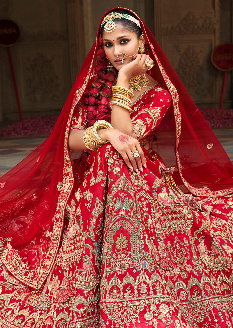 Monjolika Fashion Red Khatli Embroidered Silk Blend Bridal Lehenga Choli - Distacart