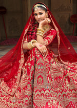 Thumbnail for Monjolika Fashion Red Khatli Embroidered Silk Blend Bridal Lehenga Choli - Distacart