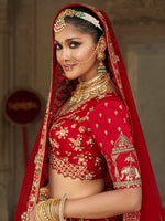 Thumbnail for Monjolika Fashion Red Khatli Embroidered Silk Blend Bridal Lehenga Choli - Distacart