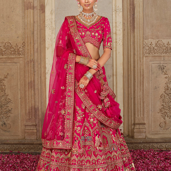 Monjolika Fashion Rani Pink Khatli Embroidered Silk Blend Bridal Lehenga Choli - Distacart