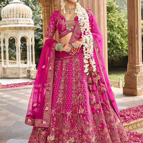 Monjolika Fashion Magenta Pink Khatli Embroidered Silk Blend Bridal Lehenga Choli - Distacart
