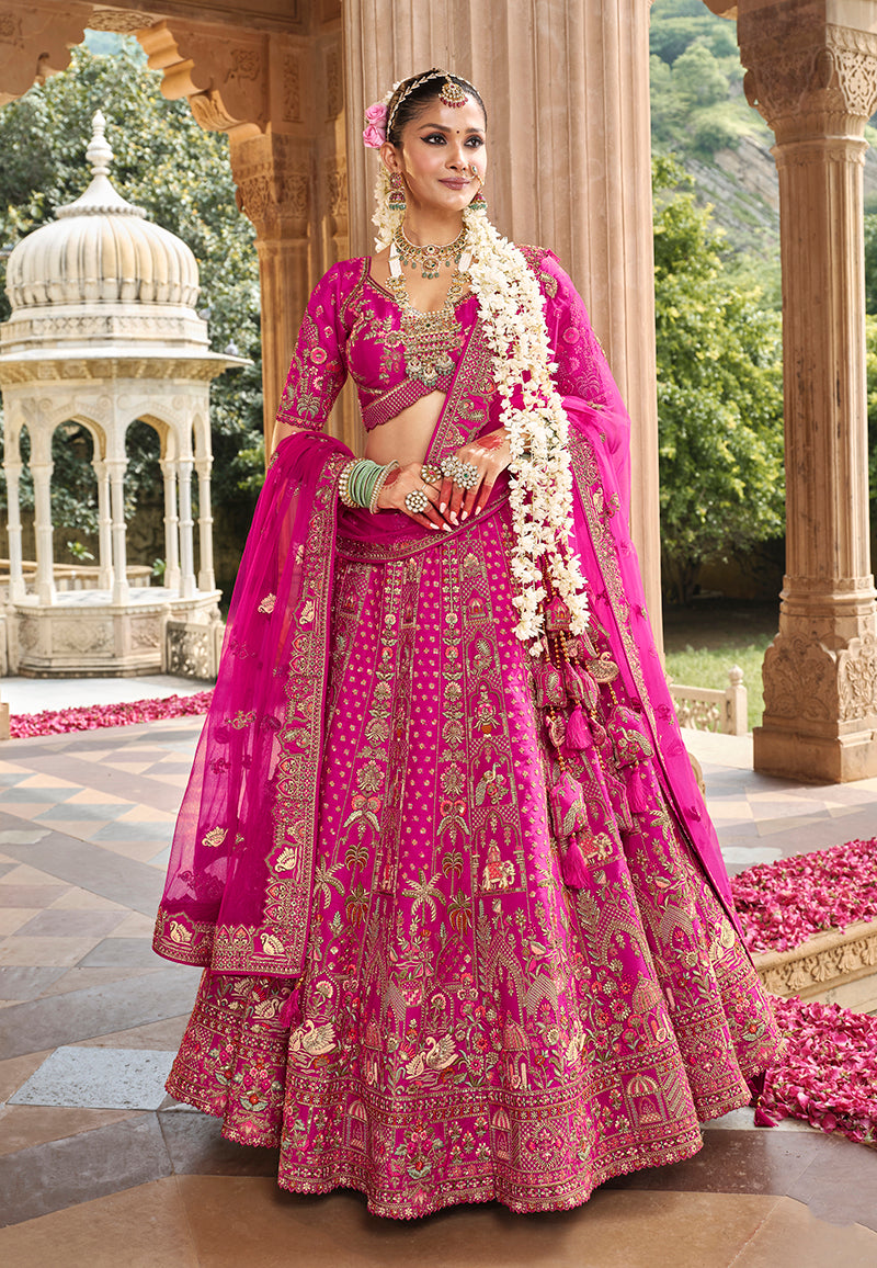 Monjolika Fashion Magenta Pink Khatli Embroidered Silk Blend Bridal Lehenga Choli - Distacart