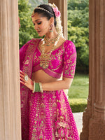 Thumbnail for Monjolika Fashion Magenta Pink Khatli Embroidered Silk Blend Bridal Lehenga Choli - Distacart