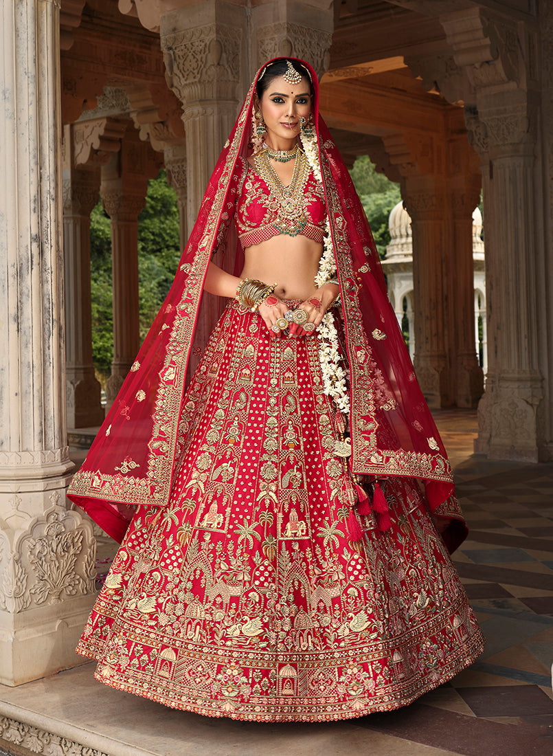 Monjolika Fashion Red Khatli Embroidered Silk Blend Bridal Lehenga Choli - Distacart