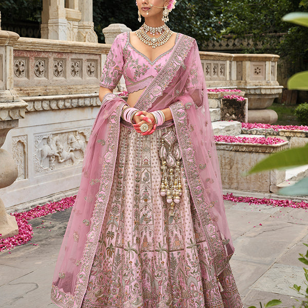 Monjolika Fashion Light Pink Khatli Embroidered Silk Blend Bridal Lehenga Choli - Distacart