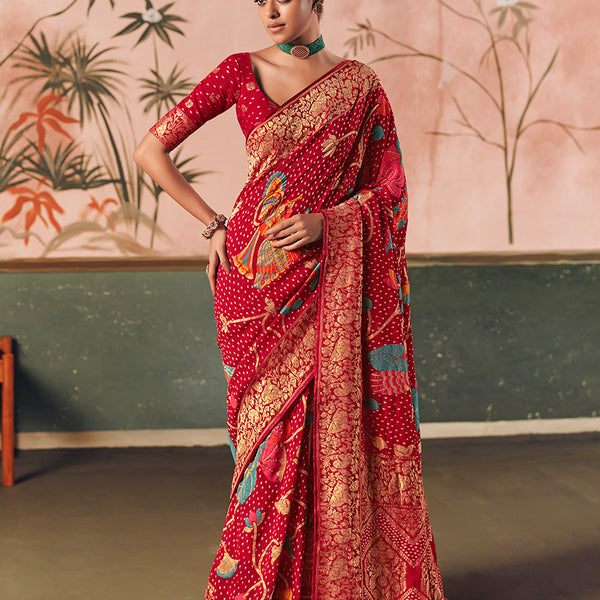 Monjolika Fashion Red Bandhej Weaving Work Faux Khadi Georgette Saree - Distacart