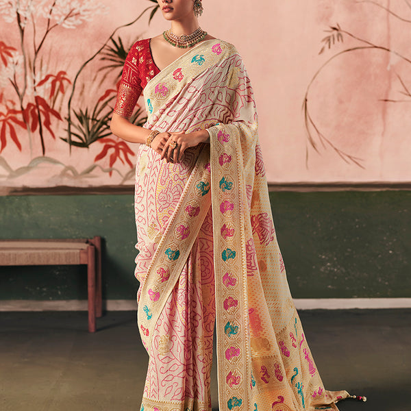 Monjolika Fashion Off White Bandhej Weaving Work Faux Khadi Georgette Saree - Distacart