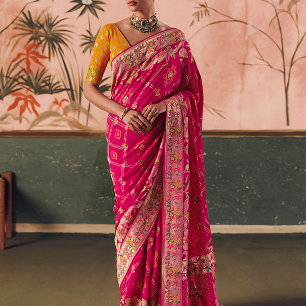 Monjolika Fashion Rani Pink Bandhej Weaving Work Faux Khadi Georgette Saree - Distacart