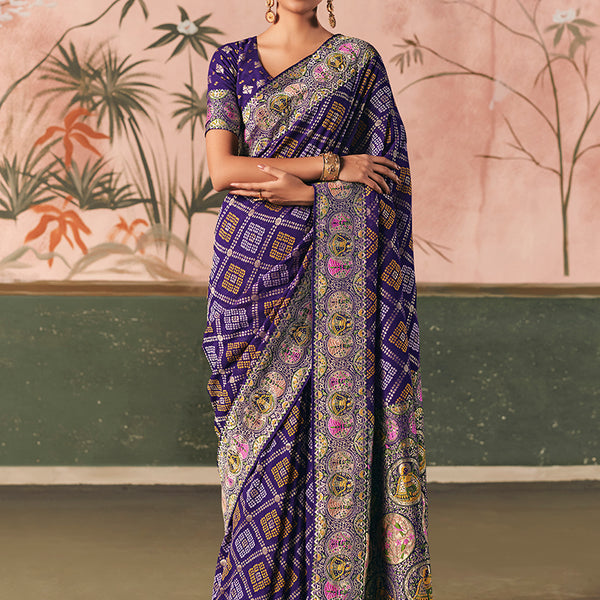 Monjolika Fashion Violet Bandhej Weaving Work Faux Khadi Georgette Saree - Distacart