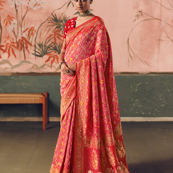 Monjolika Fashion Gajri Pink Bandhej Weaving Work Faux Khadi Georgette Saree - Distacart