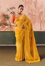 Thumbnail for Monjolika Fashion Yellow Bandhej Weaving Work Faux Khadi Georgette Saree - Distacart