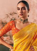 Thumbnail for Monjolika Fashion Yellow Bandhej Weaving Work Faux Khadi Georgette Saree - Distacart