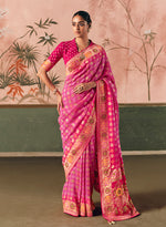 Thumbnail for Monjolika Fashion Pink Bandhej Weaving Work Faux Khadi Georgette Saree - Distacart